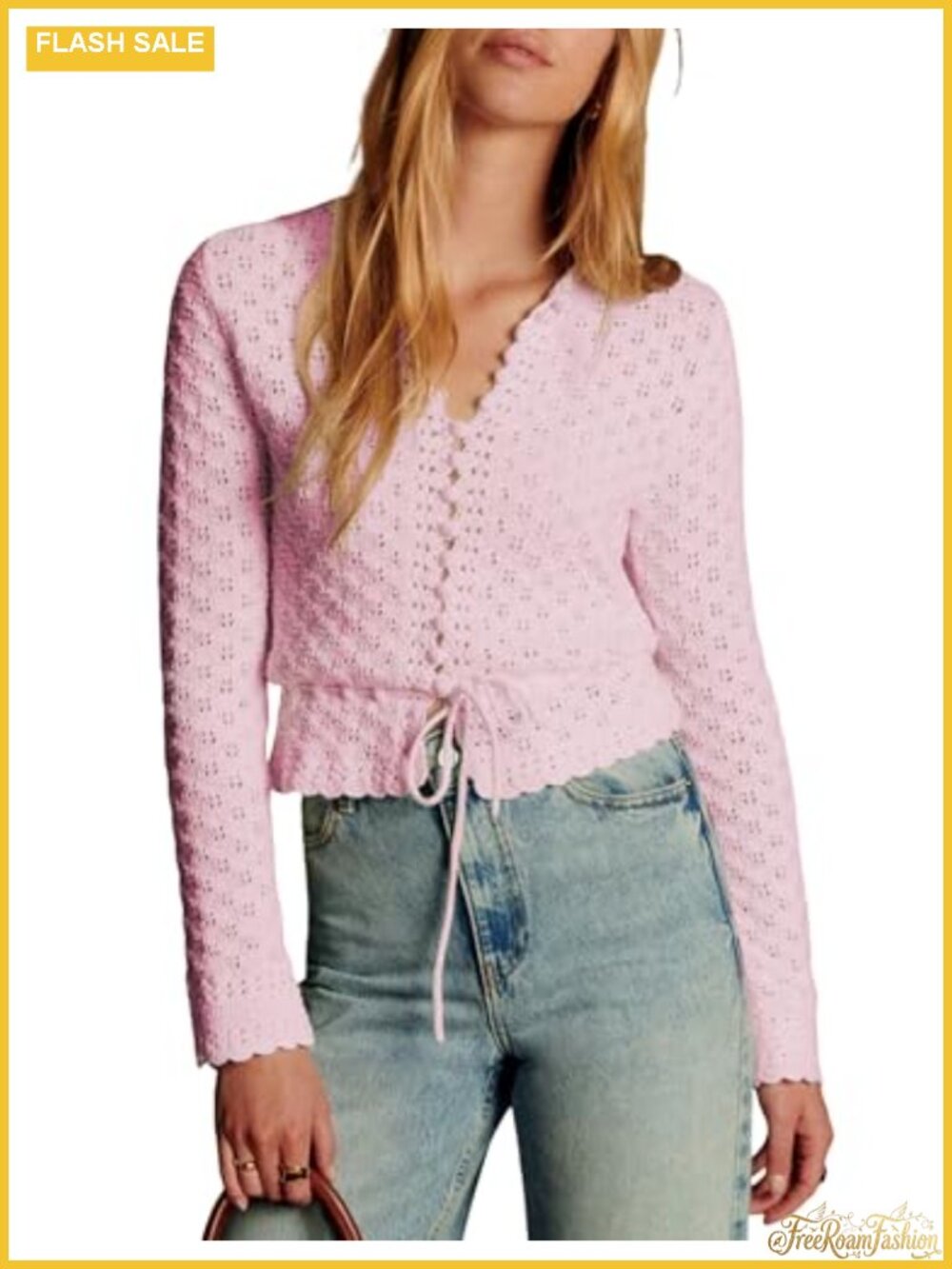 Women's Lightweight Crochet Cardigan Long Sleeve Tie Front Casual Knit Sweater